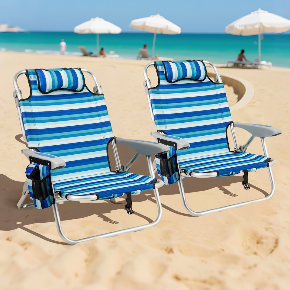 image 1 of COSTWAY 2 PCS Folding Beach Chair Adults Portable Low Sand Chair