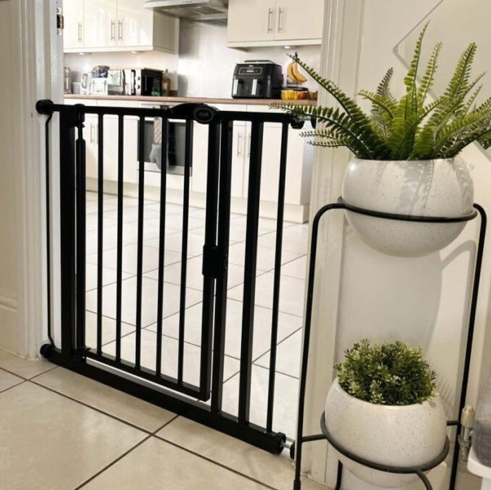 image 1 of Safetots Pressure Fit Self Closing Stair Gate, 111cm - 118cm, Matt Black, Auto Closing Baby Gate, Safety Barrier for Toddler, Easy Installation