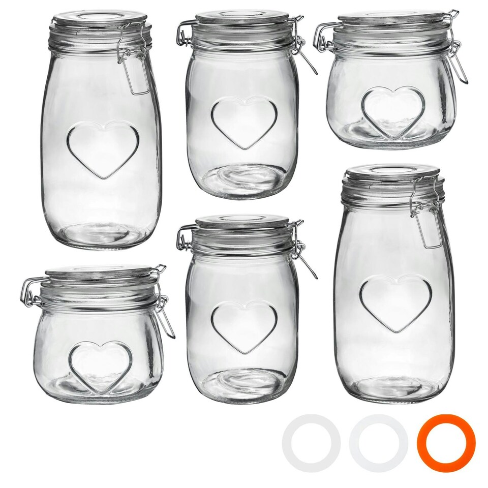 image 1 of Nicola Spring Heart Glass Storage Jars - 3 Sizes - Clear Seal - Pack of 6
