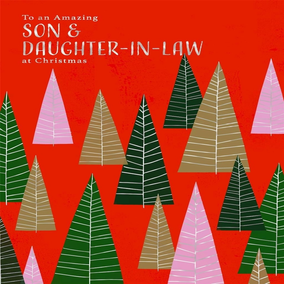 image 1 of Red Background with Festive Trees Son and Daughter In Law Christmas Card