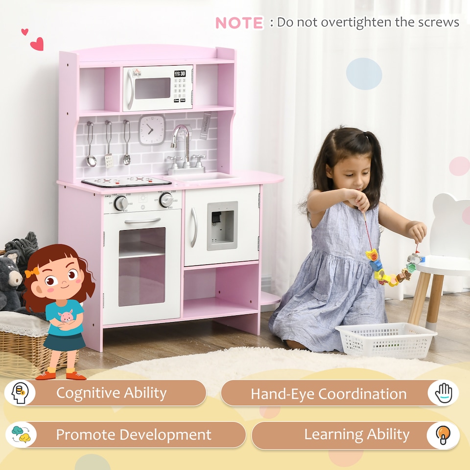 image 1 of HOMCOM Children Wooden Play Kitchen with Lights Sounds, Kids Kitchen Playset with Water dispenser, Microwave, Utensils, Sink, Storage, for Ages 3-6 Years - Pink