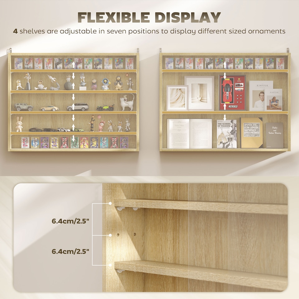 image 1 of HOMCOM 5-Tier Wall Display Shelf Unit Cabinet w/ 4 Adjustable Shelves Glass Doors Home Office Ornaments 60x80cm Oak | White