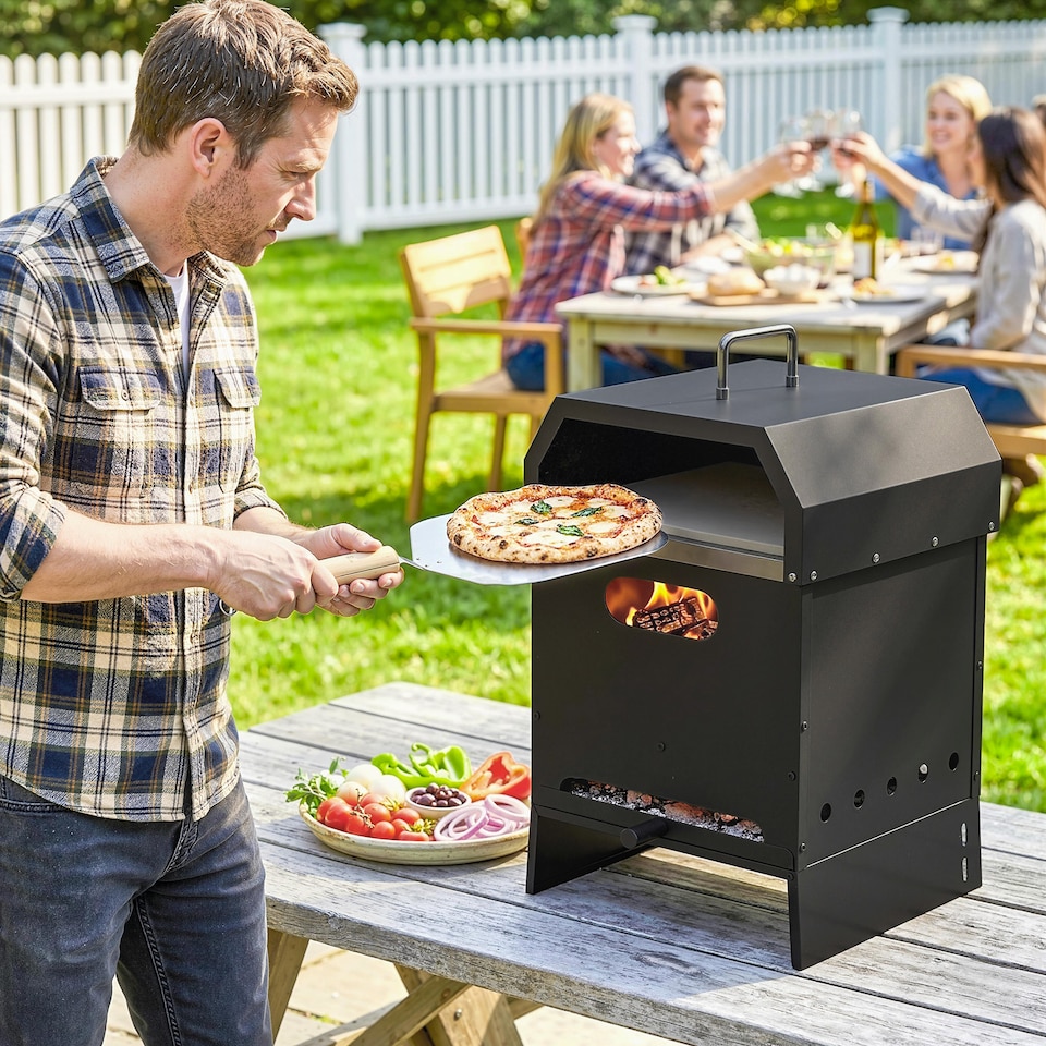image 1 of Outsunny 3 in 1 Portable Wood Fired Outdoor Pizza Oven with Handles | Black | Black | 40 x 37.5 x 53.5 cm