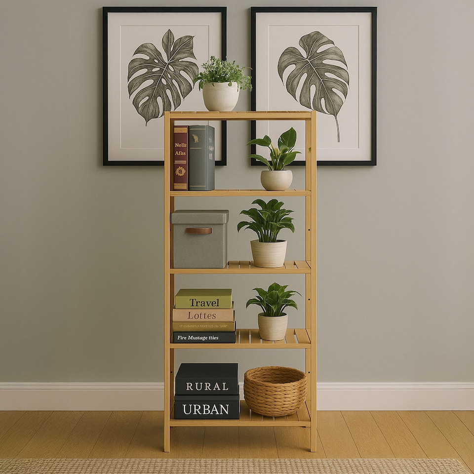 image 1 of Neo 5 Tier Bamboo Storage Shelf Shelves Rack Adjustable | Brown | Natural Wood