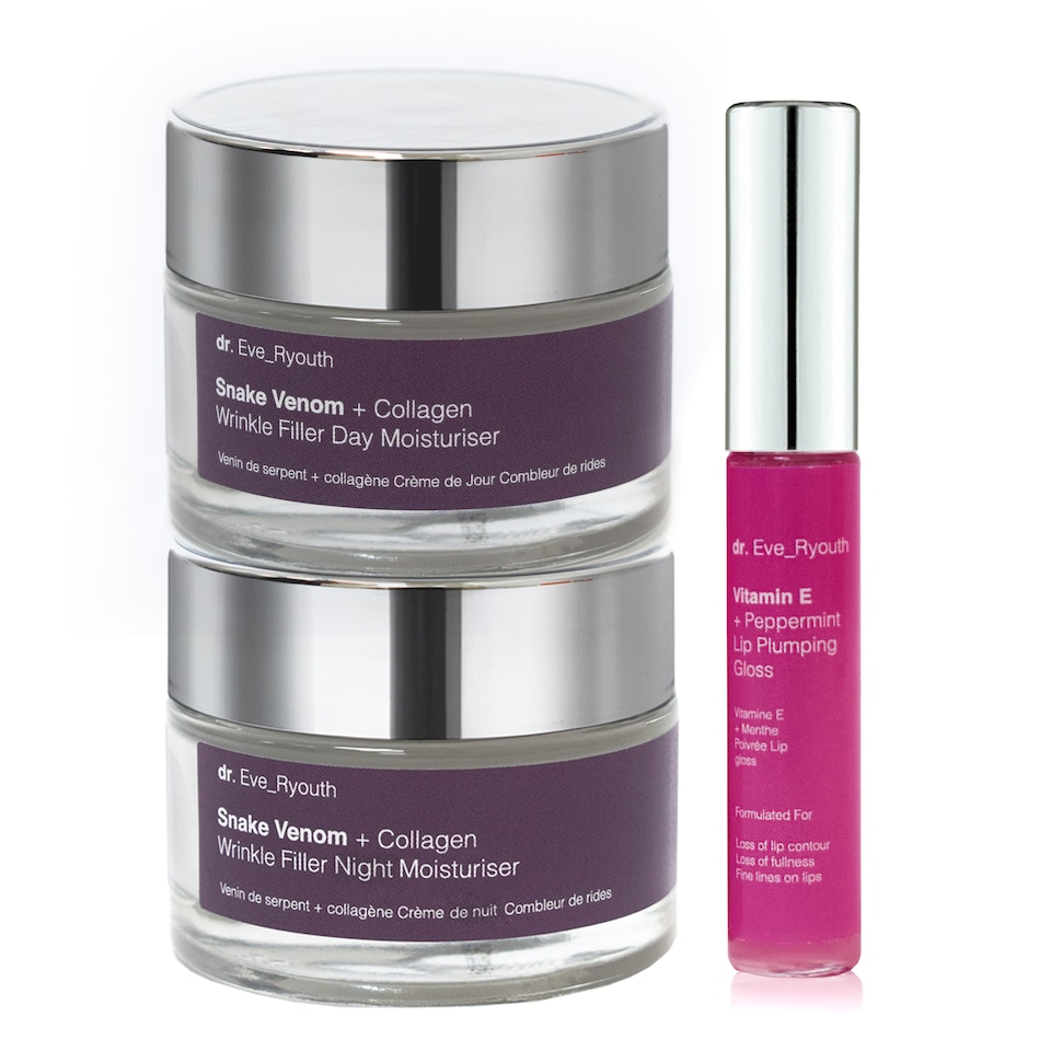 image 1 of Dr. Eve_Ryouth Snake Venom + Collagen Wrinkle Filler Day Moisturiser 50ml + Snake Venom + Collagen Wrinkle Filler Night Moisturiser 50ml + Vitamin E Lip Plumps 8ml