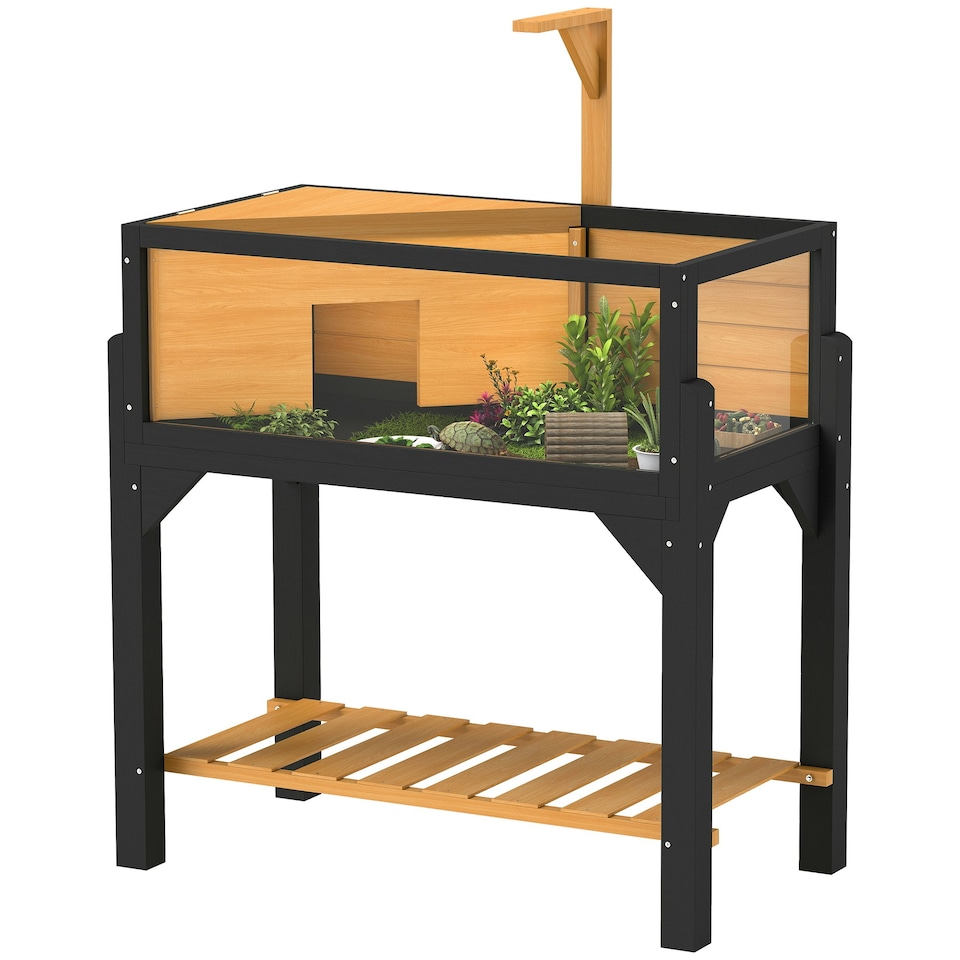 image 1 of PawHut Wooden Tortoise House with Storage Shelf, Clear Observation Windows