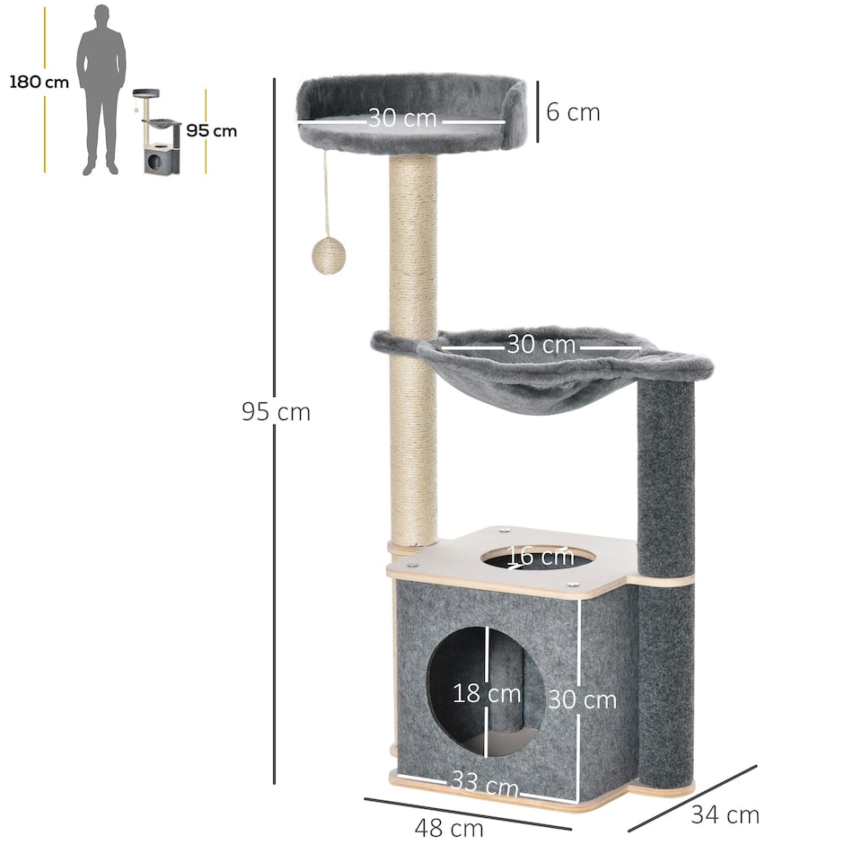 image 1 of PawHut 95cm Cat Tree Tower for Indoor Cats with Scratching Post Condo, Grey