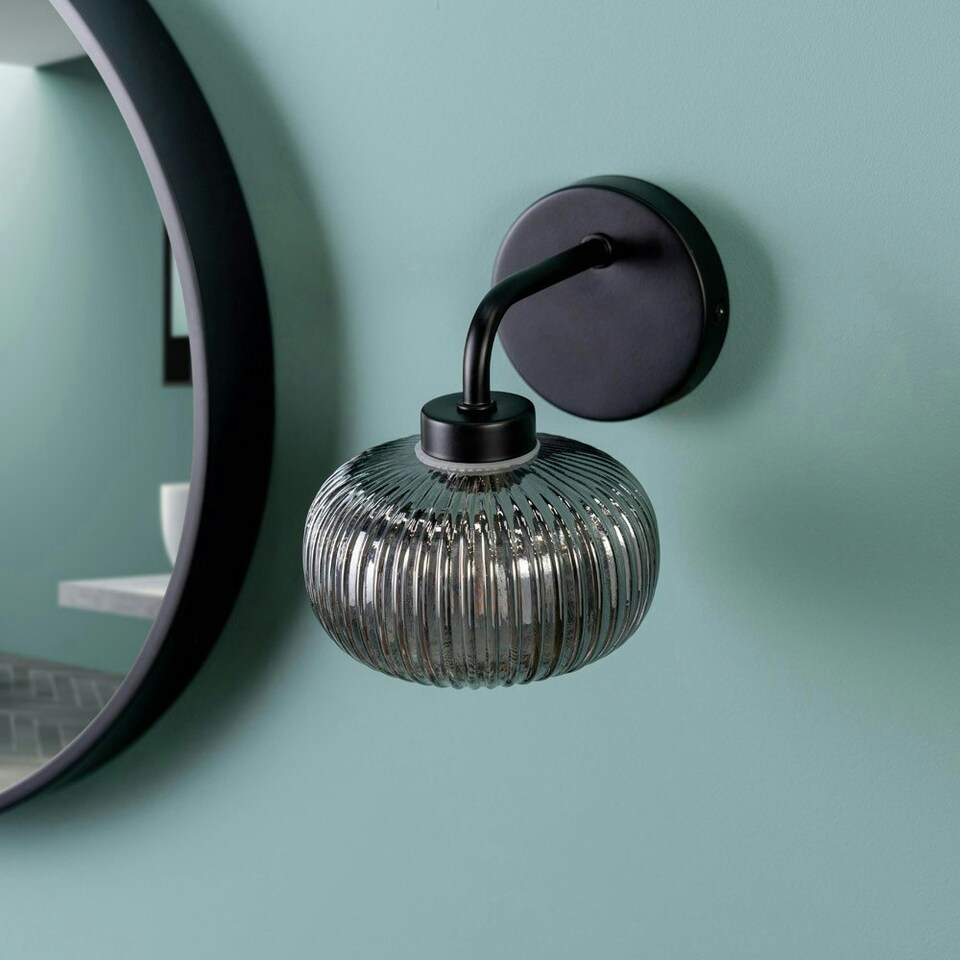 image 1 of ValueLights Amaia Pair of Matte Black IP44 Rated Single Smoked Ribbed Glass Wall Lights