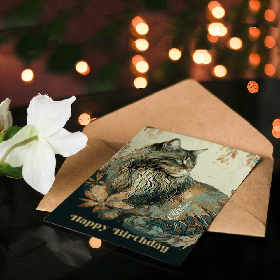 image 1 of Happy Birthday Maine Coon Cat with Leaf Pattern Birthday Card