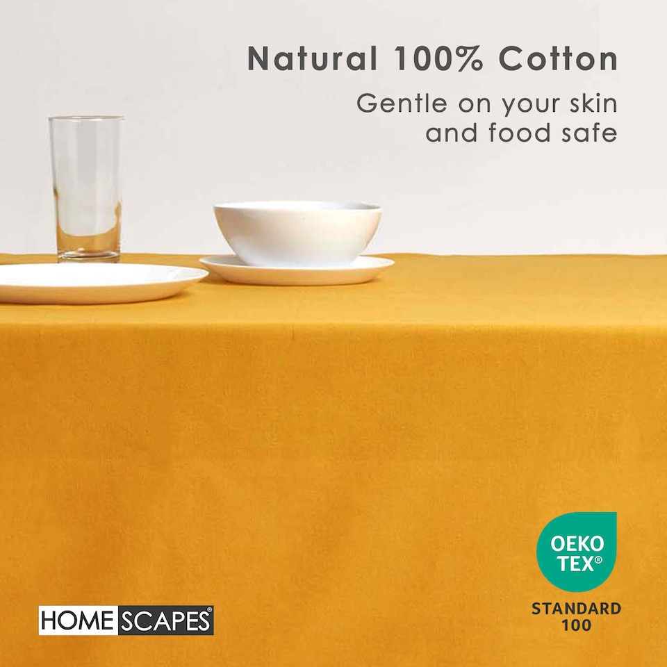 image 1 of Homescapes Mustard Yellow Cotton Square Tablecloth - 137 x 137 cm | Yellow | 137cm x 137cm (54" x 54")
