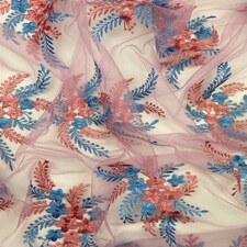Pink Embroidered Lace Tulle Fabric for Bridal, Dressmaking, 142.5cm / 56" Wide - per metre