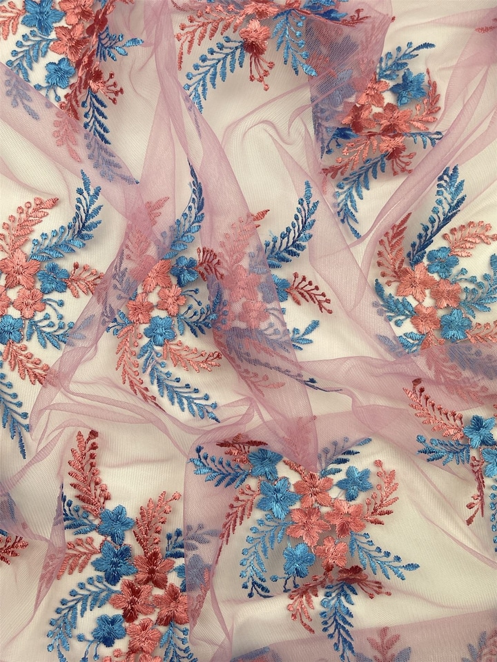 Pink Embroidered Lace Tulle Fabric for Bridal, Dressmaking, 142.5cm / 56" Wide - per metre