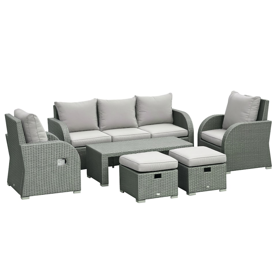 image 1 of Outsunny 6pc Padded Outdoor Rattan Wicker 3-Seat Sofa Recliner Footstool Table