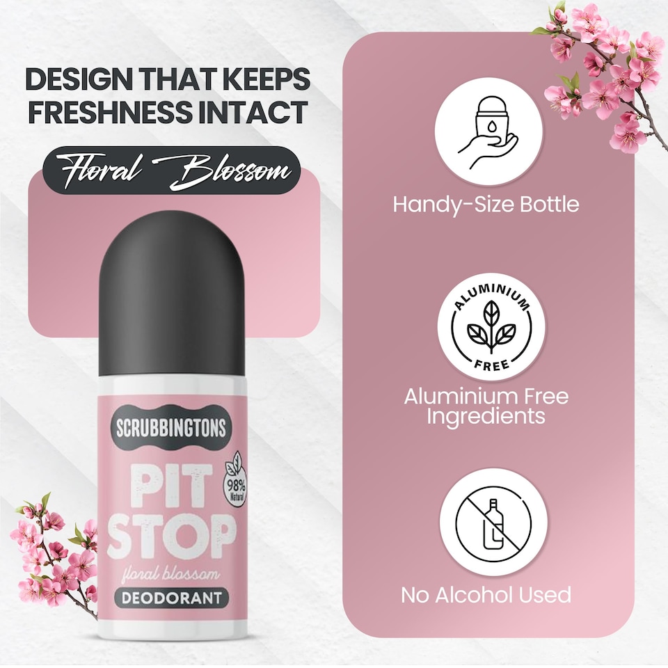 image 1 of Scrubbingtons Pit Stop Natural Deodorant For Women, Roll on For Sensitive Skin Made in UK. Paediatrician approved, Aluminium & Alcohol Free, Vegan & Cruelty Free, Floral Blossom, 75ml | White | White | 1