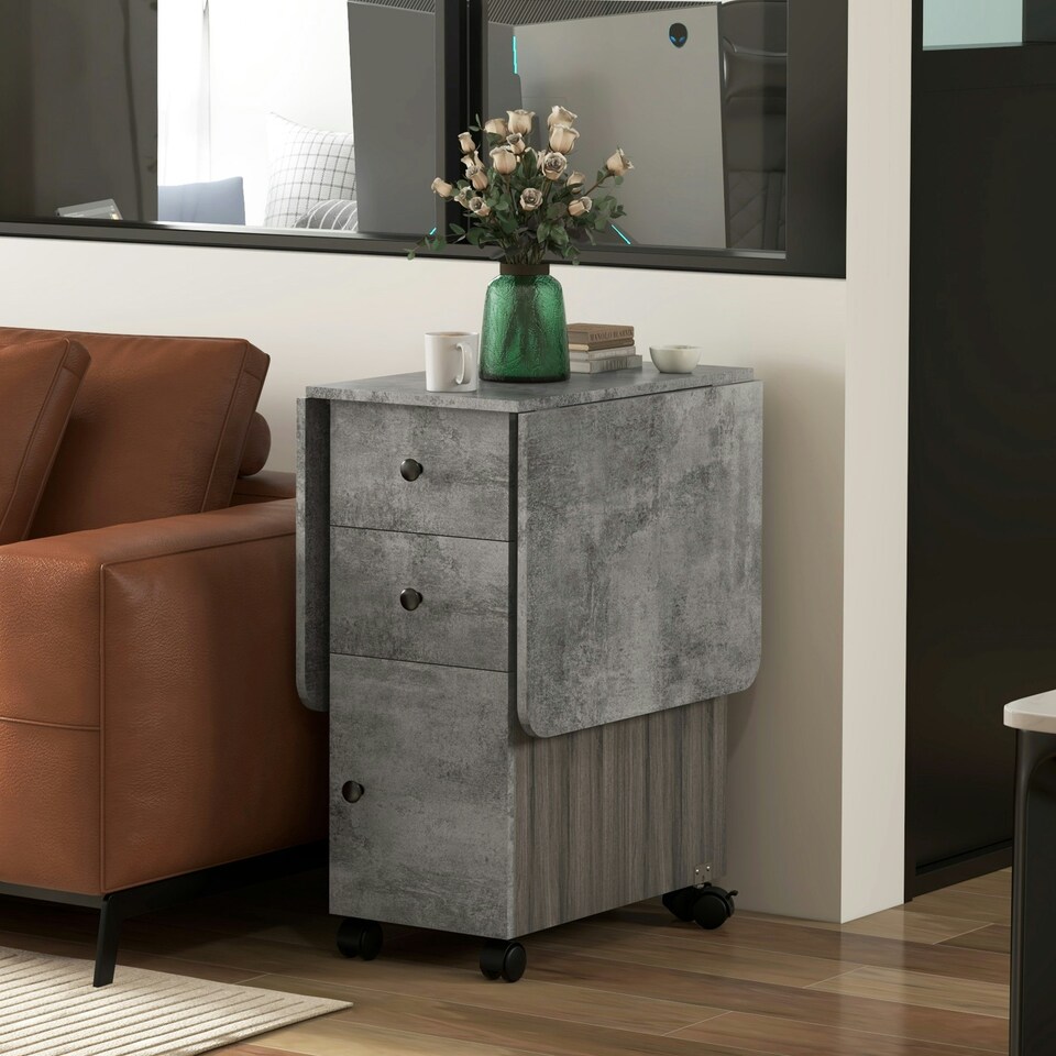 image 1 of HOMCOM Folding Dining Table, Drop Leaf Table With Storage Drawers Grey Marble