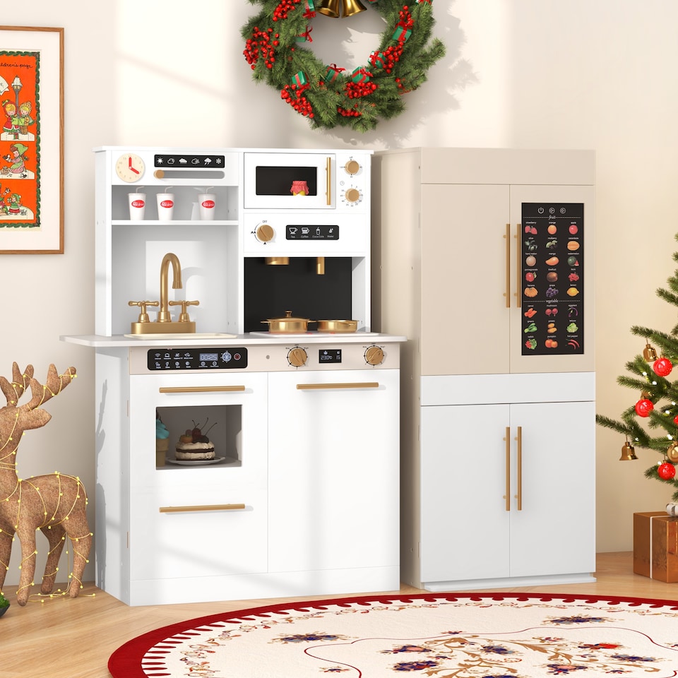 image 1 of COSTWAY Kids Wooden Kitchen 2-Piece Modular Pretend Play Kitchen w/Light-White