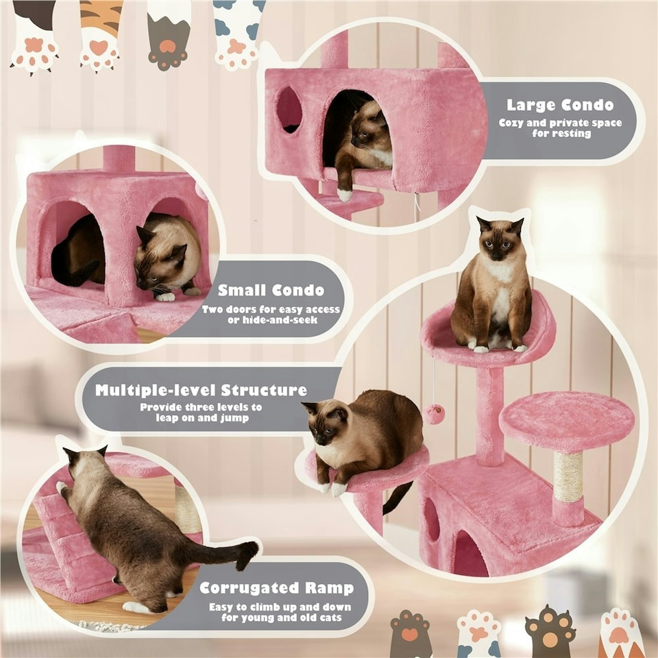 image 1 of Yaheetech 137cm Tall Cat Tree with Scratching Posts Pink