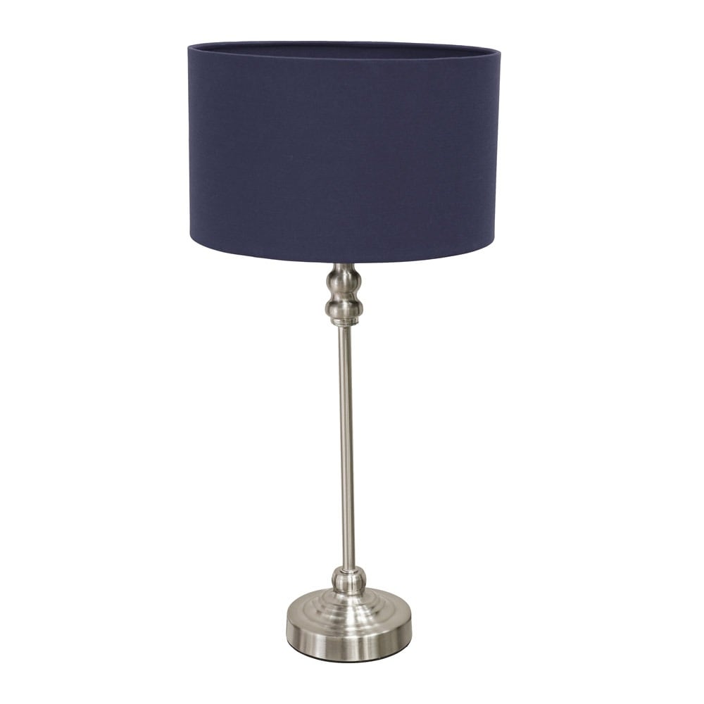 ValueLights Maggie Brushed Chrome Candlestick Slim Table Lamp Fabric Drum Lamp Shade in Navy