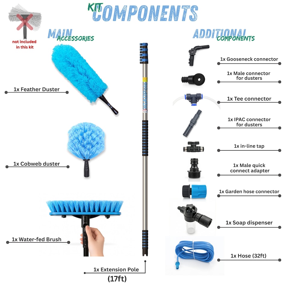 image 1 of IGADPole 5m (17ft) Water-Fed Pole Cleaning Kit – Includes Water-fed Brush, Cobweb & Microfibre Duster, Soap Dispenser & Hose Tap