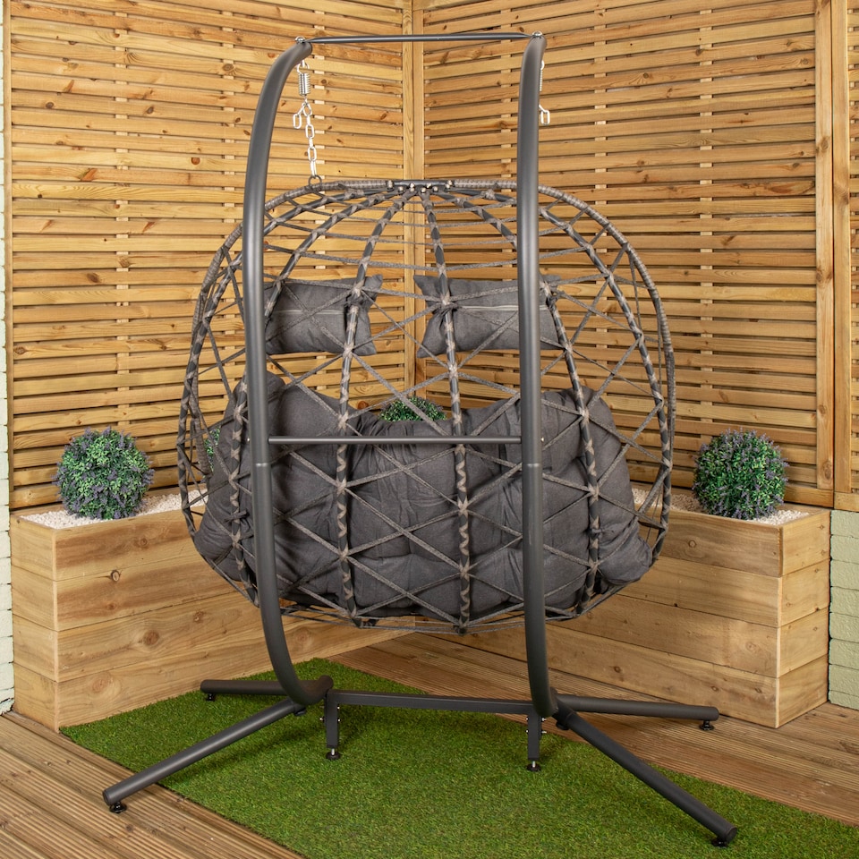 image 1 of Samuel Alexander 2 Seater Hanging Garden Rattan Egg Chair with Steel Frame and Waterproof Cover in Grey | Grey | Grey