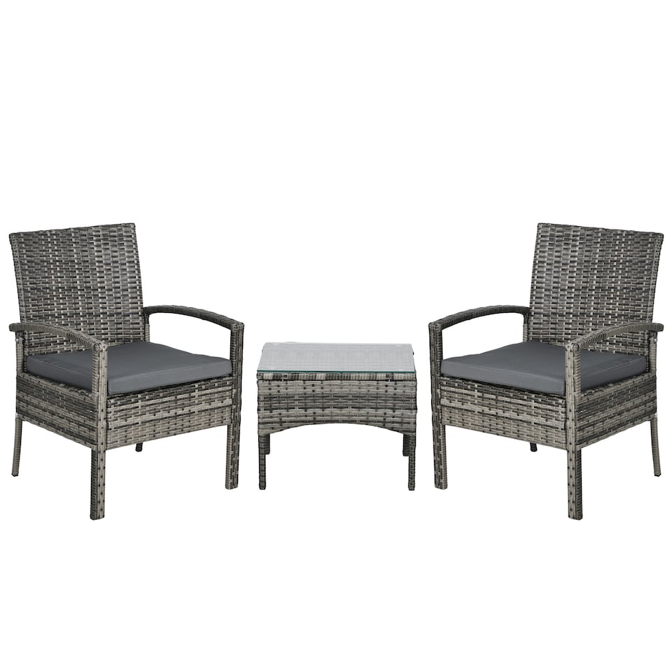 image 1 of Outsunny 3PC Garden Rattan Bistro Set with Glass Top Table, Mixed Grey