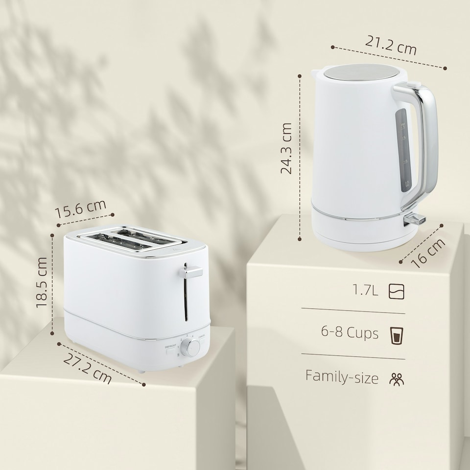 image 1 of HOMCOM 1.7L 3000W Fast Boil Electric Kettle 2 Slice Toaster Set White