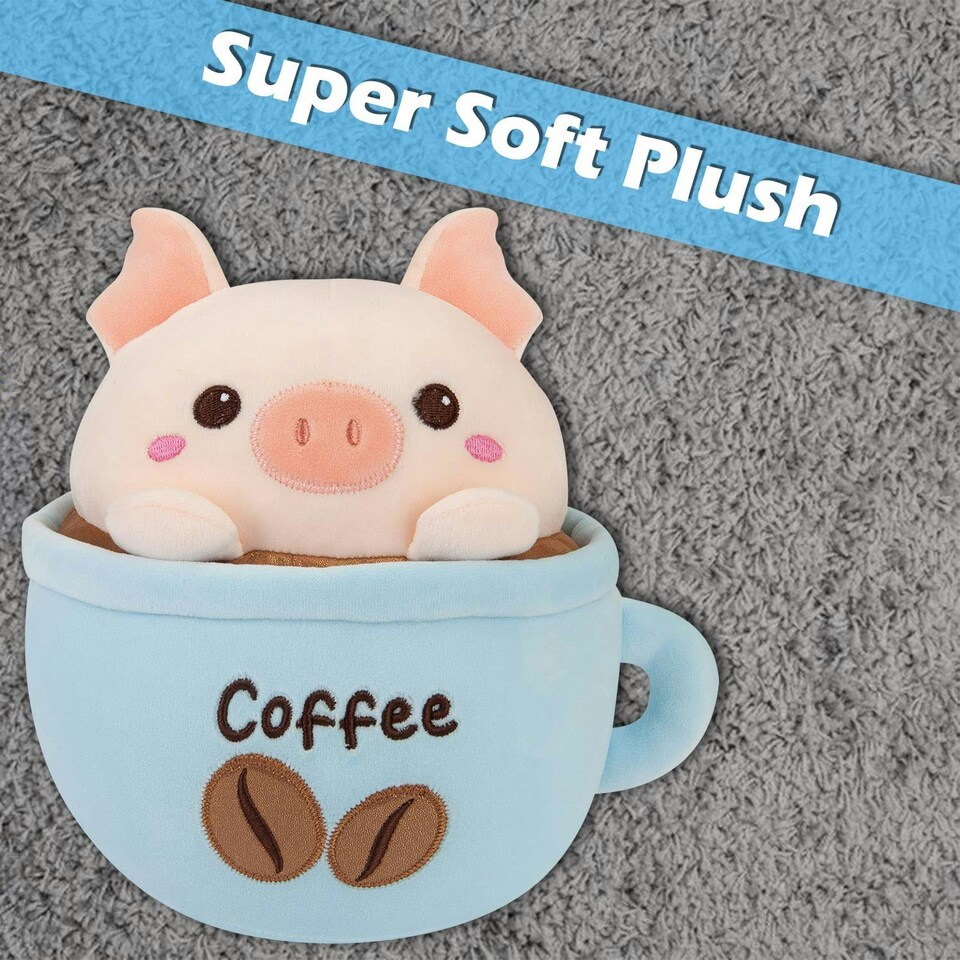 image 1 of Pig Coffee Cup Soft Toy Cute Plushie Huggable Cuddly Stuffed Toy 20cm Blue