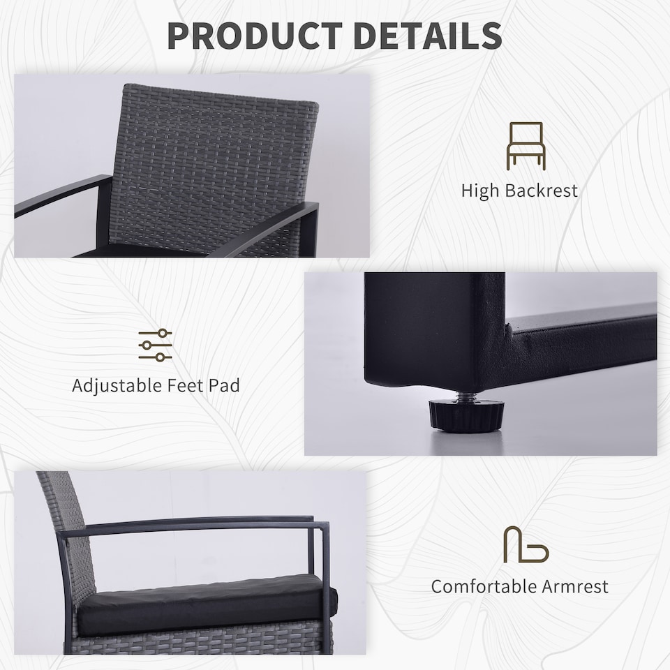 image 1 of Outsunny 3 Pieces Rattan Bistro Set, Wicker Garden Furniture Set with Glass Top Coffee Table and Chairs, Washable Cushions, for Outdoor, Patio, Balcony, Grey