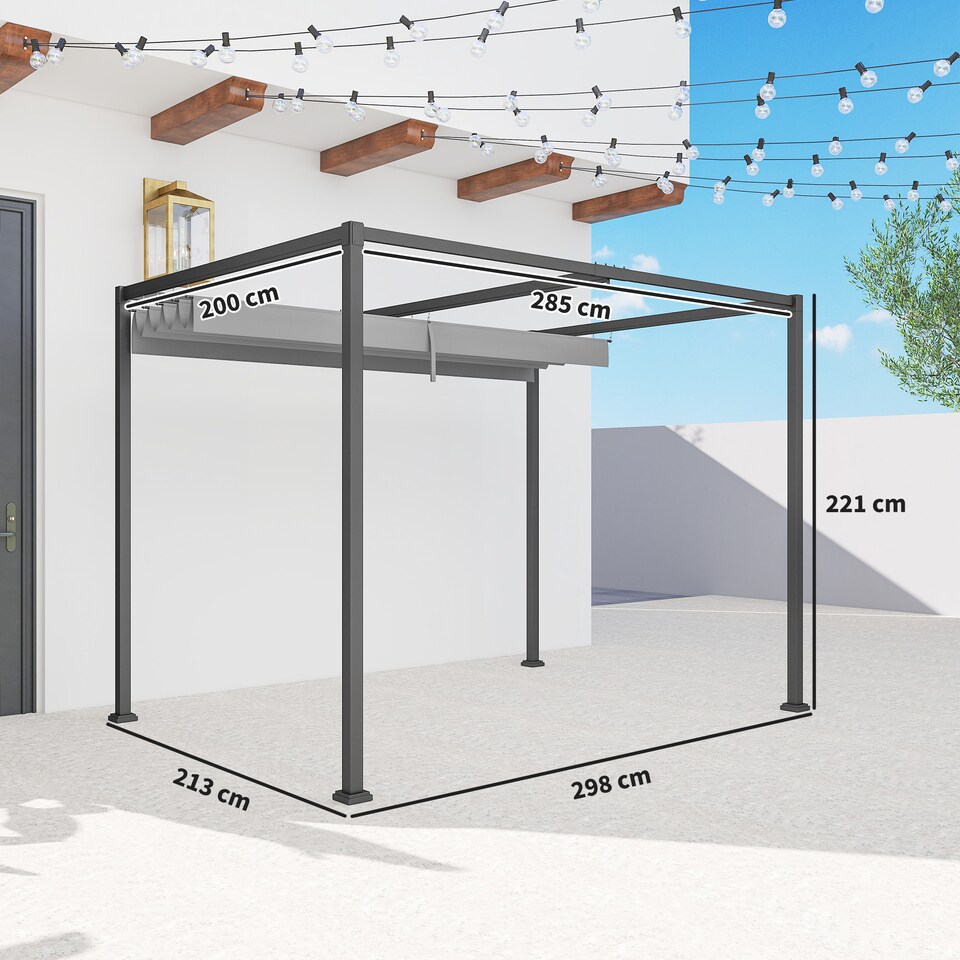 image 1 of Outsunny 3 x 2m Metal Outdoor Pergola with Retractable Roof, Outdoor Gazebo Canopy Shelter with Drainage Holes for Garden, Patio, Lawn, Grey
