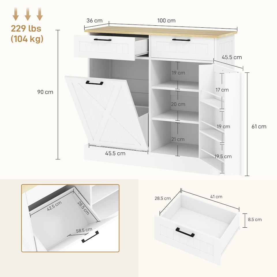 image 1 of HOMCOM Sideboard with Trash Bin, Farmhouse Kitchen Sideboard with 2 Drawers | White | White with oak-effect top | 100 x 36 x 90 cm