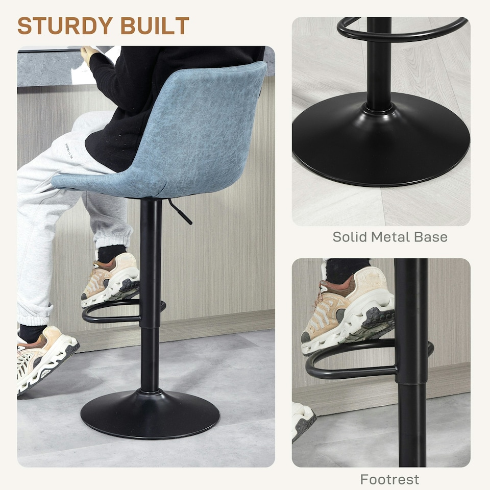 image 1 of HOMCOM Set Of 2 Microfibre Retro Tub Bar Stools Metal Frame Footrest Seat Blue