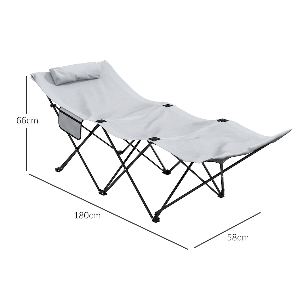 image 1 of Outsunny Camping Bed for Adults, Single Folding Camp Bed, Portable Camping Cot with Side Pocket, Headrest and Oxford Seat for Outdoor, Travel, Fishing, Light Grey
