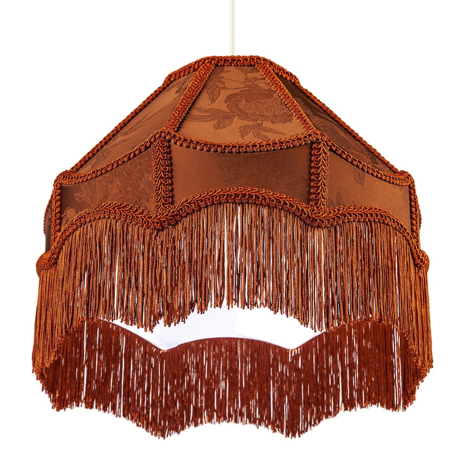 image 1 of Brown Faux Silk Victorian Lampshade with Floral Decor and Long Tassels