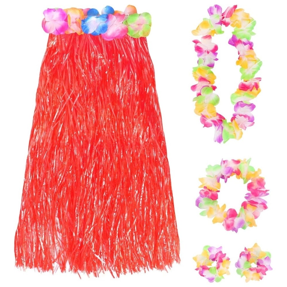 image 1 of Pack of 3 80cm Hawaiian Long Red Hula Skirt & Lei Red | One Size
