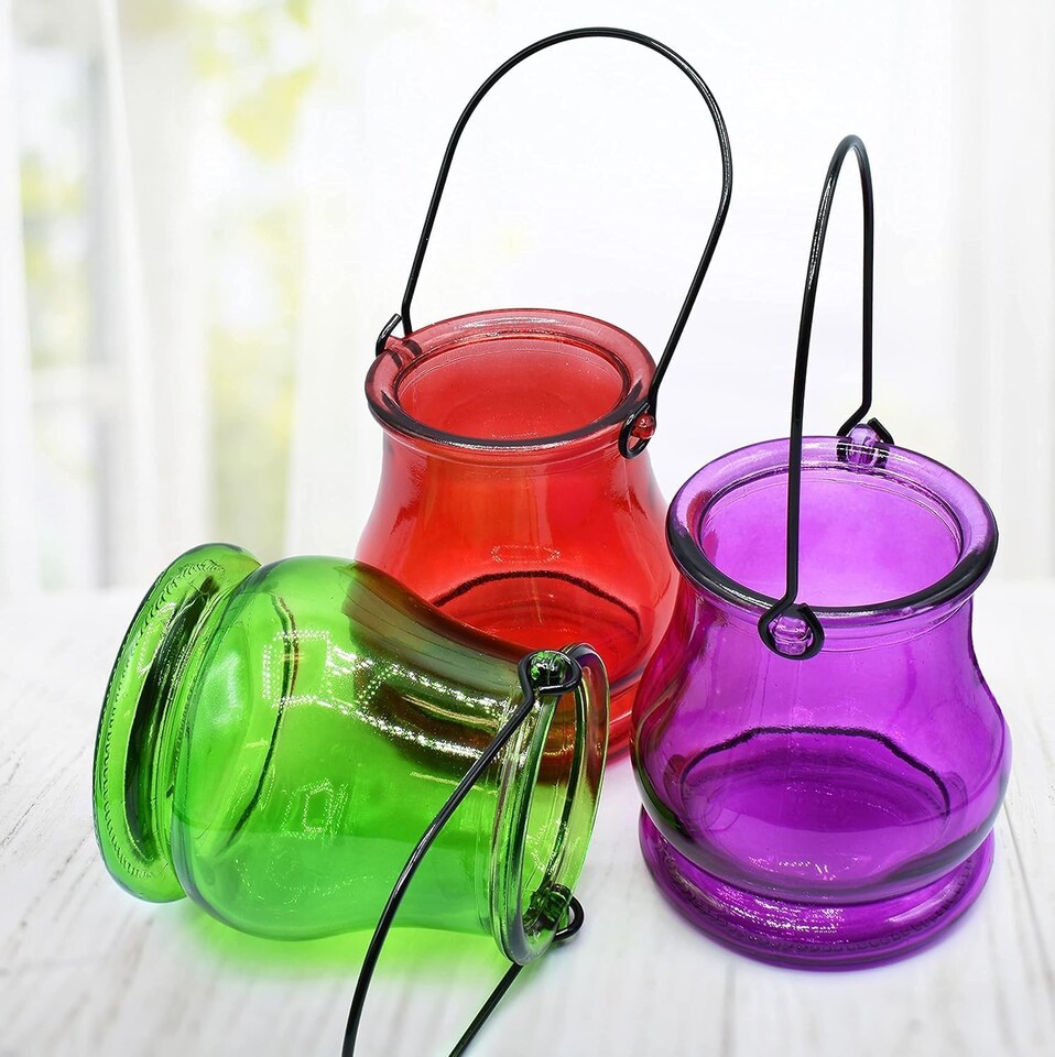 image 1 of Hanging Tealight Holders - 12 Pack Candle Holders Glass for Indoor and Outdoor Ambiance | Multi | Coloured | 10cm x 8.3cm | 12