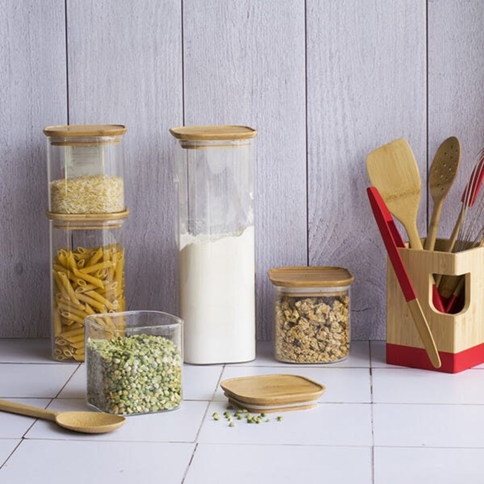 image 1 of Pebbly Square 2200ml Canister With Bamboo Lid