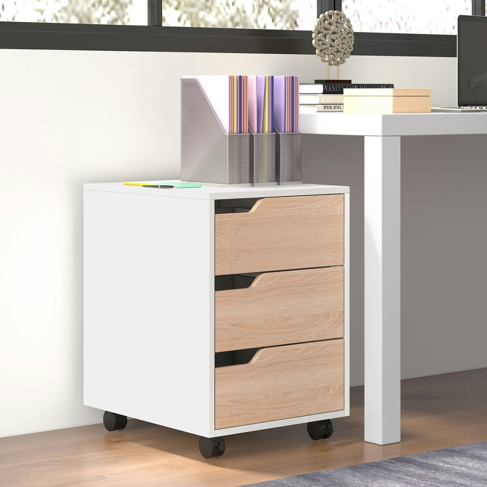 image 1 of MDF Mobile File Cabinet w/ 3 Drawers Locking Wheels Metal Rails Oak Tone White