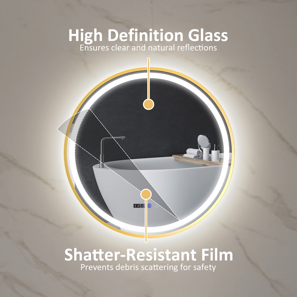 image 1 of HOMCOM 800mm Round Bathroom Mirror with LED Lights, Wall Mounted Backlit Illuminated Bathroom Mirror with Demister, 3 Colours Dimmable, Memory Function, Touch Switch, Time and Temp Display, Gold Tone