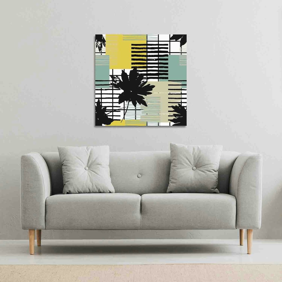 image 1 of Geometric Shape & Leaf Print in Yellow & Green (Canvas Print) 127 x 127 x 4cm