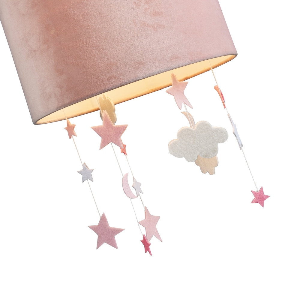 image 1 of Soft Blush Pink Velvet Pendant Lamp Shade with Hanging Felt Stars and Clouds | Pink