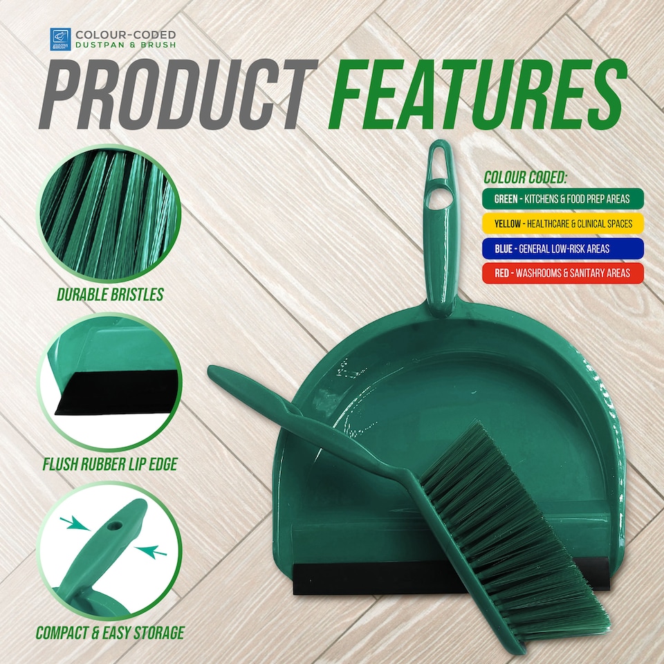 image 1 of Colour Coded Dustpan and Brush Sets Wide Plastic Dustpan with Rubber Lip and Soft Bristle Brush