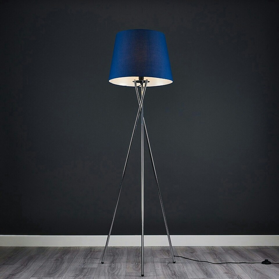 image 1 of ValueLights Camden Chrome Tripod Floor Lamp Navy Blue Taper Shade Blue