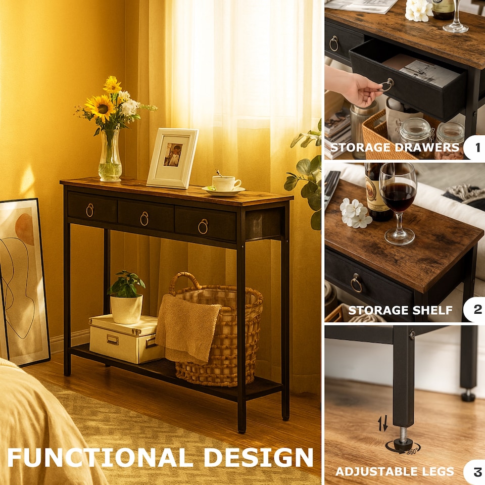 image 1 of Slim Hallway Console Table with 3 Non-Woven Drawers