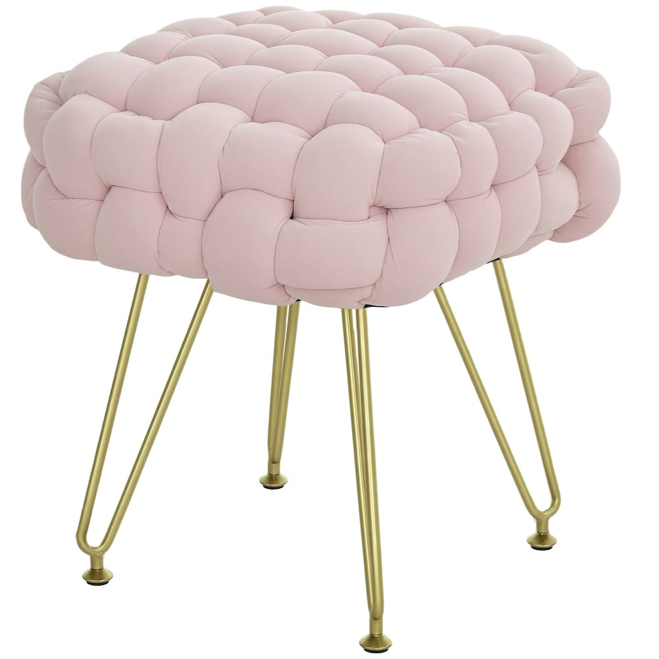 image 1 of HOMCOM Woven Velvet Foot Stool with Steel Legs for Living Room, Pink