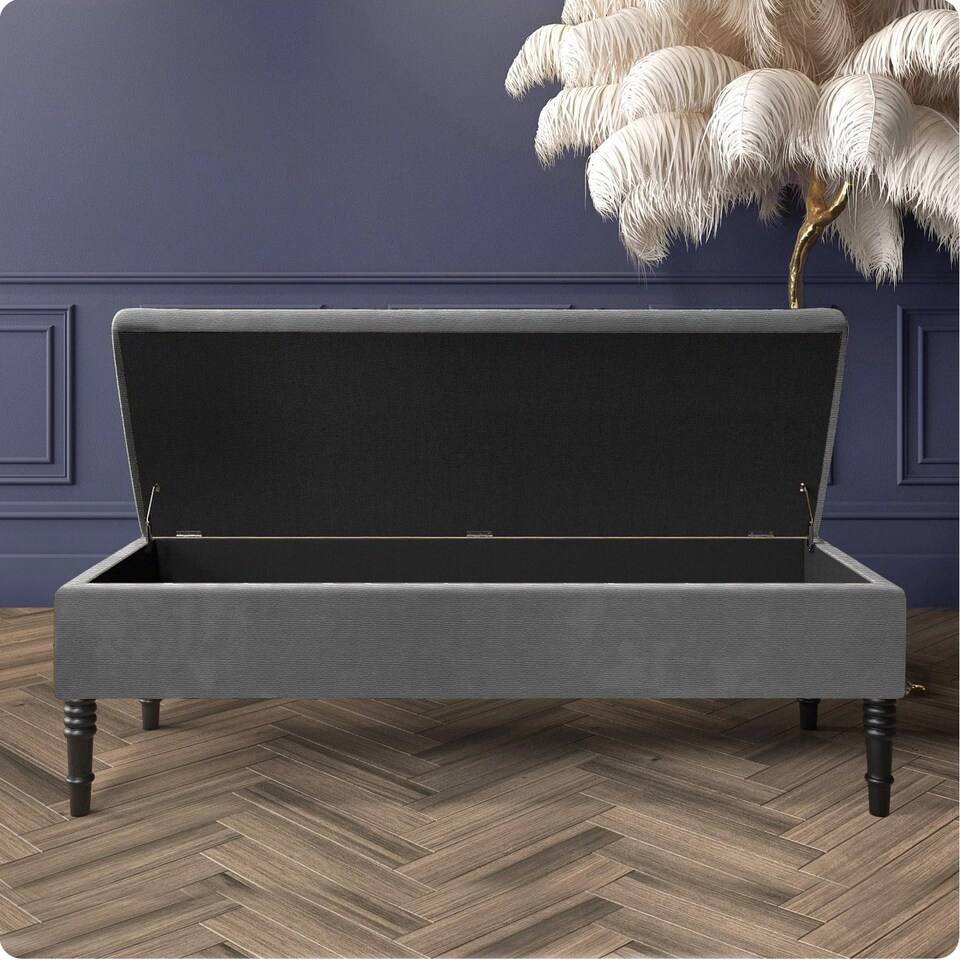 image 1 of 120cm Safar Plain Ottoman Storage Bench -Naples Shoes Bench with Black Turned Wooden Legs - Dark Grey Upholstery Footstool Storage