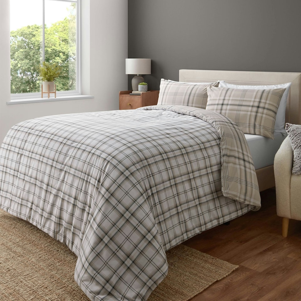 image 1 of Catherine Lansfield Kelso Check Reversible Duvet Cover Set Natural Cream | Natural | Single