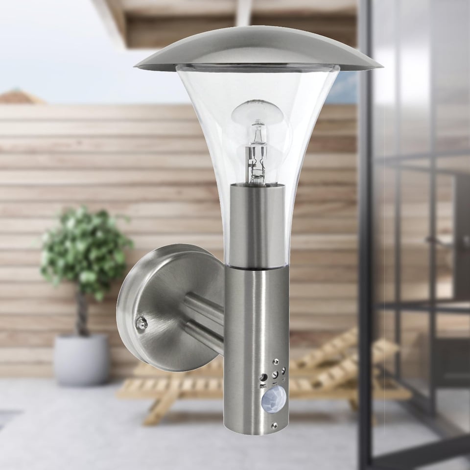 image 1 of Set of 2 Halo - Stainless Steel Outdoor IP44 Motion Sensor Wall Lights | Grey | Brushed stainless steel and clear PC | Small | 2