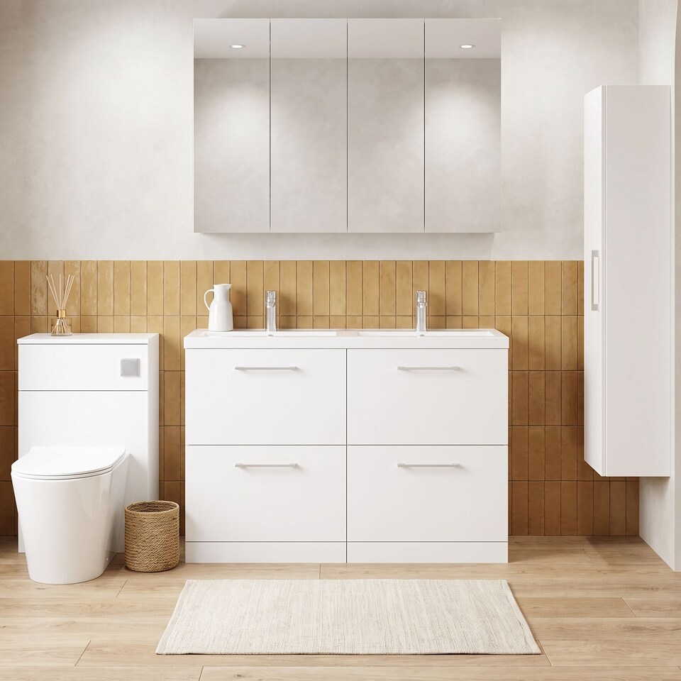 image 1 of Balterley Level Floor Standing 4 Drawer Vanity Unit with Double Basin, Handles & Overflow for Bathroom Storage | White | Gloss White | 840 x 1205 x 383mm