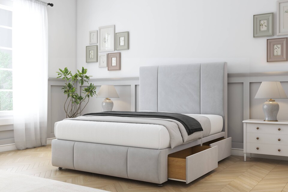 image 1 of Sloomy Lisbon Silver Plush Divan Bed With Mattress 4 Drawers With 26" Strutted Headboard & 12" Matching Footboard 4' Small Double | Silver | Silver | Small Double | 1
