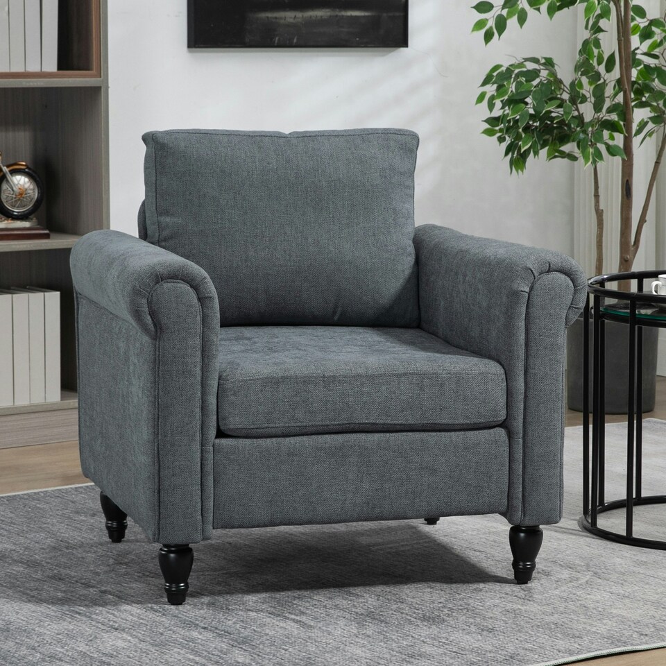 image 1 of HOMCOM Vintage Armchair Fabric Accent Chair with Wood Legs Grey